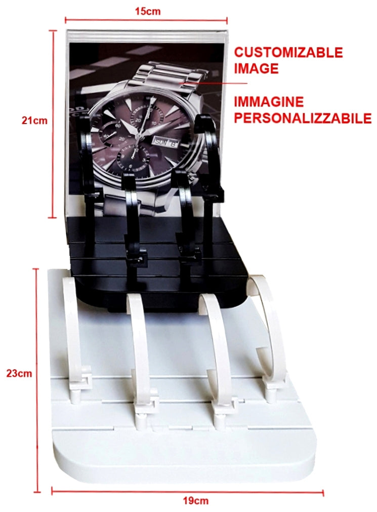 8 Watches Display 2 Levels + Photo 15x21 + 10 Plastic Stands - Lacquered Wood - Made In Italy
